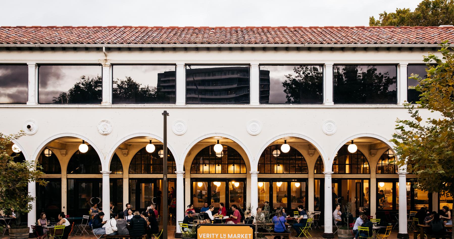 Verity Lane Market - Northbourne ave entry, arched facade 