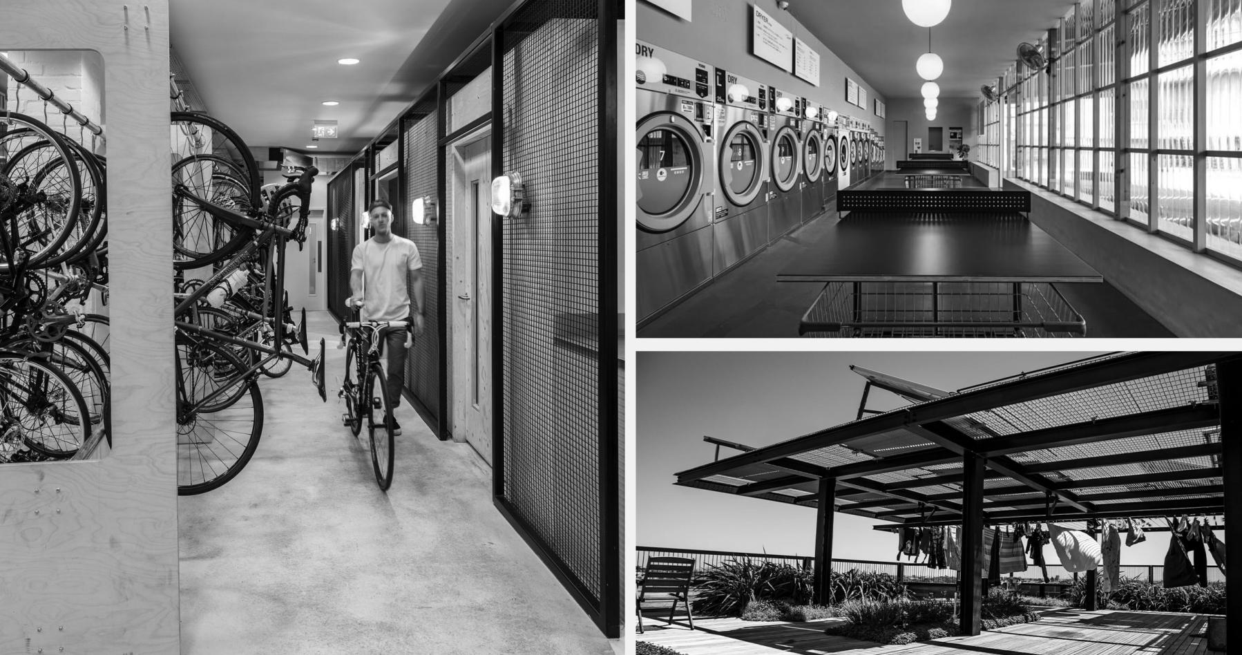 Communal laundry and bike store and rooftop washing line examples