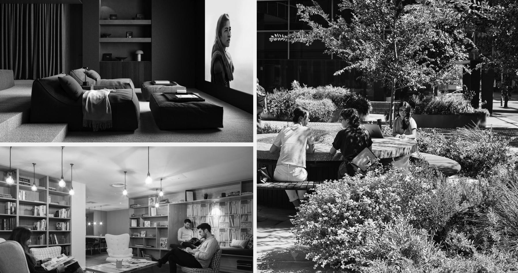 Communal living room and media space and landscape examples